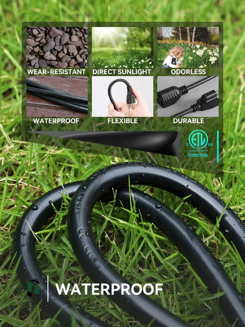 3 Ft Black Extension Cord For Indoor And Outdoor Use With 3 Prong Grounded Plug lying on grass waterproof and flexible