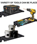 Magnetic Tool Tray And Folding Work Table For Modular Toolboxes No Drill Installation Aluminum Alloy Mobile Workstation For Onsite Repairs And Maintenance On The Go holding toolbox, drill, tools, and paint cans.