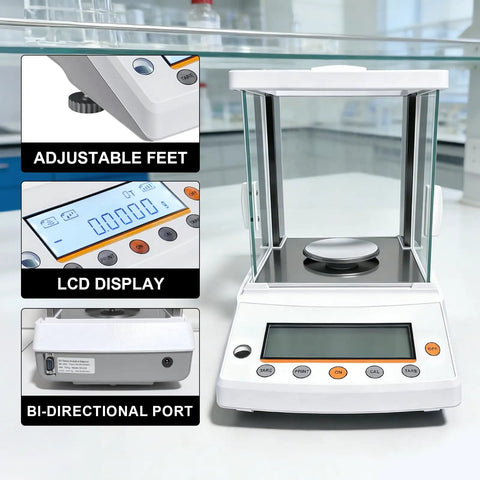 Ultra Precise Lab Workhorse 0.1 Mg Analytical Balance Digital Scale 220 G Capacity For Lab Pharmacy Jewelry Store Use, showing LCD display and controls