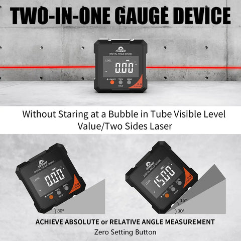 4-Side Magnetic Digital Angle Gauge With Laser displaying angle measurements and laser guides, backlit display visible