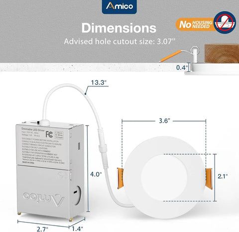 Dimensions of 6 Inch LED Recessed Downlight With Junction Box, 5CCT 2700K-5000K, 6/9/12W Dimmable Selectable, 1050LM High Brightness