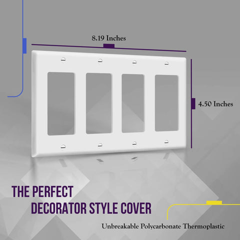 Decorator Light Switch Or Receptacle Wall Plate With Gloss Finish, 4-Gang, 4.50 x 8.19 Inches, White, Polycarbonate Material