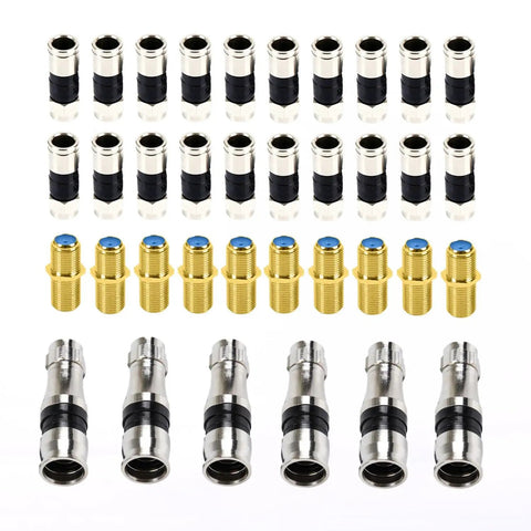 Coax Cable Crimp Kit For RG6 RG59 RG11 With Adjustable Crimp Tool And Stripper Includes 20 RG6 F Male, 10 RG6 F-F, 6 RG11 connectors