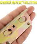Heavy Duty Bed Rail Brackets Kit For Wood Frames, rust proof steel no-mortise rail fitting held in hand.