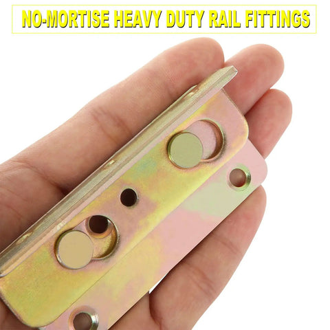 Heavy Duty Bed Rail Brackets Kit For Wood Frames, rust proof steel no-mortise rail fitting held in hand.
