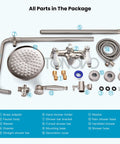Brushed Nickel Shower Faucet Set With 8 Inch Rain Shower Head Handheld Spray Double Lever Handles Tub Spout 3 Function Diverter Wall Mount Bathroom Fixture All in One Premium Brass Construction package components displayed.