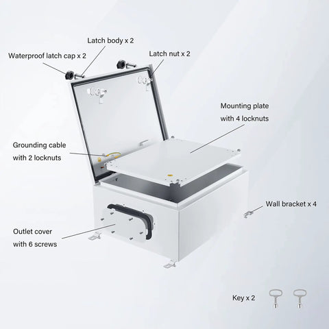 IP65 Weatherproof Metal Electrical Enclosure Box For Wall Mounting showing open lid, mounting plate, and accessories