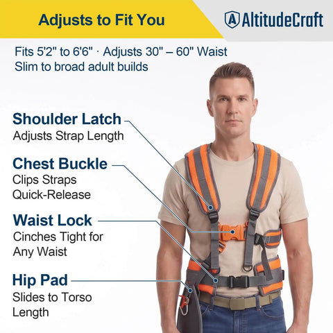 Detailed view of ergonomic harness highlighting adjustable features for the Ergonomic Weed Eater Kit With Long Handle And Cushioned Harness For No Sweat Yard Work Universal Fit For String Trimmer Weed Wacker And Brush Cutter A Real Game Changer For Tired Backs And Shoulders.