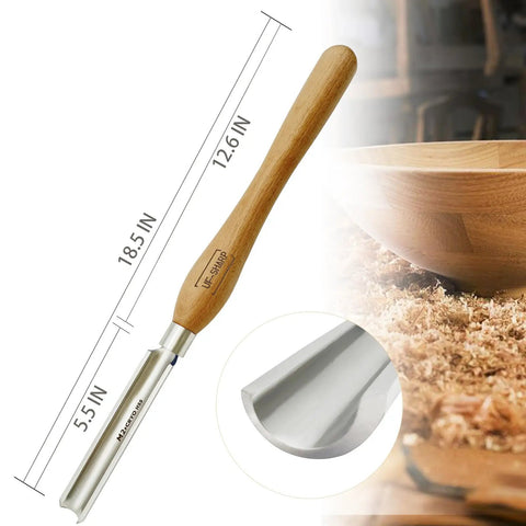 1 Inch Cryo Treated M2 HSS Roughing Gouge For Woodturning pre sharpened spindle chisel with wooden handle and bowl background.