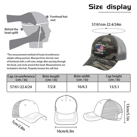 Military Wife Of A Vietnam Veteran Trucker Hat size chart and mesh design with camouflage print