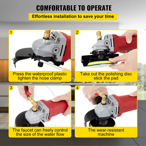 Installation guide for Corded Wet Buffer Polisher Kit With 7 Amp Motor, 4 And 5 Inch Pad Sizes, includes pipe adapter and splash shield.