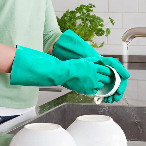 Top Tier Chemical Resistant Nitrile Gloves Medium Single Pair for cleaning, featuring long sleeves and a diamond grip.