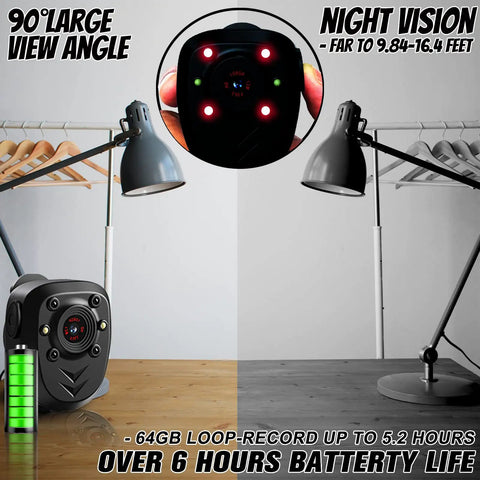 Night Vision feature of 64GB Body Cam For Patrol And Everyday Use 1080P Night Vision Wearable Camera With 6 Hour Battery Life, 360 Rotating Clip