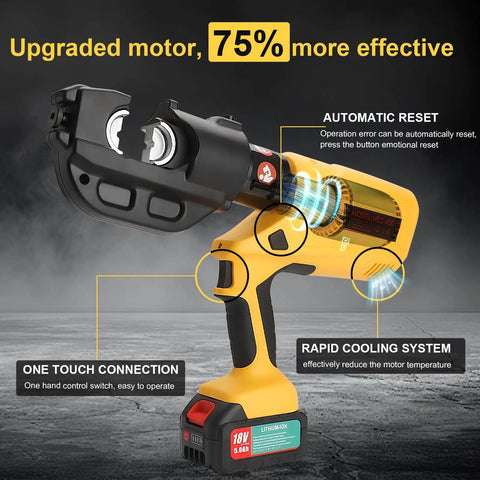 Heavy Duty 12 Ton Electric Hydraulic Cable Crimping Machine With Digital Readout And Eleven Premium Dies powered by a dual battery pack.