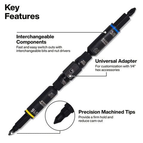 Impact Rated 11-in-1 Multi Bit Screwdriver And Nut Driver with interchangeable components and universal adapter shown