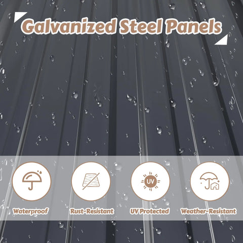 Close-up of galvanized steel panels from the 6x10 Ft Outdoor Storage Shed Galvanized Metal With Lockable Door And Vents Weatherproof Garden Patio Backyard Storage House In Grey Rust Resistant Steel Frame Built To Last For Heavy Duty Outdoor Organization showcasing rain resistance features.