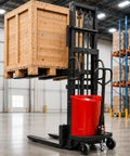 Super Heavy Duty 5000 Lbs Semi Electric Pallet Stacker With 118 Inch High Lift And 72 Volt Battery lifting a wooden crate in a warehouse.