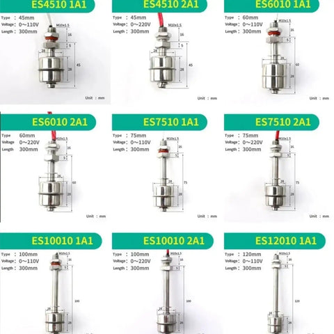 Float Switch NO NC Flow Sensor For Water Tanks And Pumps 75mm Pole Length 220V 1A1 2A1 Stainless Steel Liquid Level Sensor Auto Controller For Water Towers And Tanks Durable Industrial Grade, ES7510 2A1 model chart