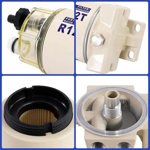 Marine Fuel Water Separator Kit For R12T 10 Micron Filter Replacement For Gas And Diesel Outboard Motors One Quarter Inch NPT Inlet And Outlet Includes Two Fittings And Two Plugs Beefed Up Aluminum Housing With Tough Build And Easy Install, close-up on filter components and fittings