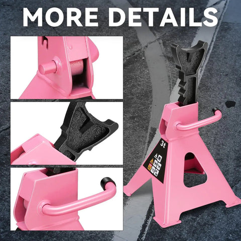 Two Pack 3 Ton Jack Stands For Cars, SUVs And Trucks, Heavy Duty Steel Floor Jack Stands With Adjustable 10.6 To 15.5 Inch Lifting Range, Pink Finish, Stable Wide Base For Safe Lifting And Reliable Support