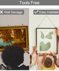 Heavy Duty Picture Hanging Wire Set 6.6 Foot Stainless Steel Rope With Hooks Mirror Frame Hanger Kit Supports Up To 100 Lbs Two Pack Silver Finish No Fuss Setup shown in use with two images - left shows traditional hanging causing wall damage, right shows easy installation with family.