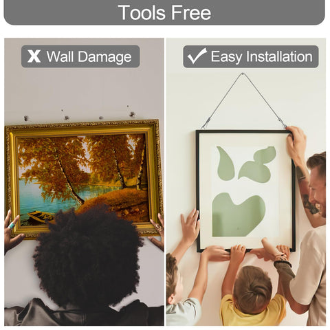 Heavy Duty Picture Hanging Wire Set 6.6 Foot Stainless Steel Rope With Hooks Mirror Frame Hanger Kit Supports Up To 100 Lbs Two Pack Silver Finish No Fuss Setup shown in use with two images - left shows traditional hanging causing wall damage, right shows easy installation with family.