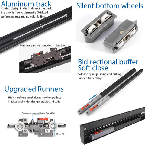 Concealed Sliding Barn Door Hardware Kit With 59.05 Inch Track, pictured with aluminum track, silent wheels, and soft close design.