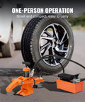 Hydraulic Bead Breaker With 10000 PSI Power And Metal Foot Pump Heavy Duty Steel Tool next to a car tire for easy bead separation