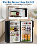 Frostorm 3.2 cu ft black mini fridge with freezer, front view with doors open showing beverage shelves.