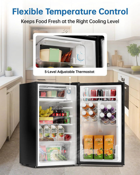 Frostorm 3.2 cu ft black mini fridge with freezer, front view with doors open showing beverage shelves.