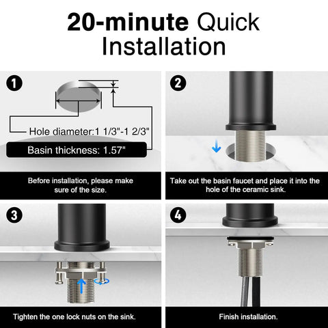 Installation guide for Matte Black Bathroom Faucet With Modern Waterfall Spout, 360 Degree Swivel, Single Hole Deck Mount, ABS Construction