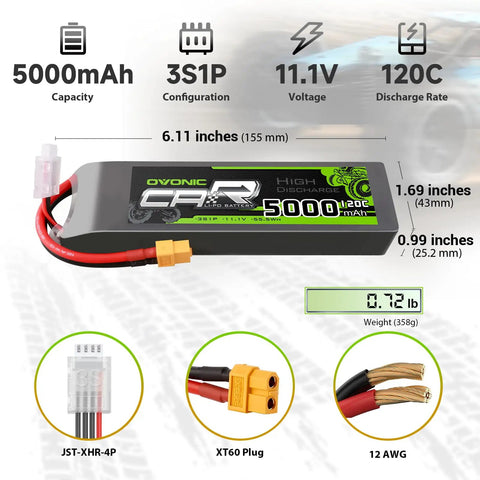 3S 11.1V 5000mAh 120C LiPo Battery with XT60 and Traxxas plug, two pack, dimensions and weight shown