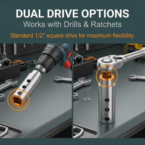Dual drive options for Heavy Duty 1 Inch Trailer Jack Drill Adapter Stainless Steel 1/2 Inch Socket Bit on tools.