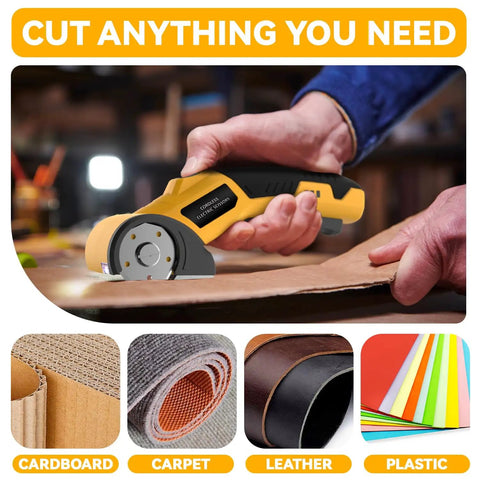 Powerful 4V Cordless Electric Scissors Cardboard Cutter With Safety Lock And LED Light For Boxes Carpet Plastic And Fabric Rechargeable USB Charge Heavy Duty DIY Tool In Yellow cutting cardboard