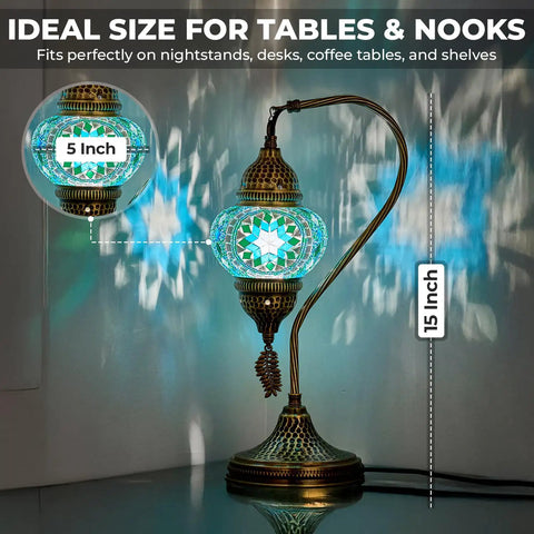 Totally Handmade Turkish Moroccan Swan Neck Tiffany Style Mosaic Glass Table Lamp With Colorful Hand Cut Glass Globes For Bedroom Living Room Desk And Bedside Lighting Made In Turkey, 15-inch height, multicolor mosaic globe