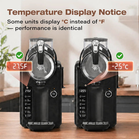 Two Smooth Operator Home Slushie And Soft Serve Ice Cream Makers displaying temperature in Fahrenheit and Celsius on a countertop.