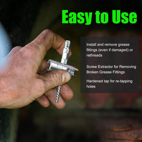 Hand holding Heavy Duty Grease Zerk Cleaner Tool Set for Auto Shop and DIY Projects with detailed features description.
