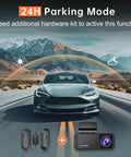 Crystal Clear 1296P Front Dash Cam With WiFi App Night Vision Mini Hidden Car Camera With Loop Recording 24 Hour Parking Mode And 256GB Max Support For Cars, shown with car on road and landscape backdrop.
