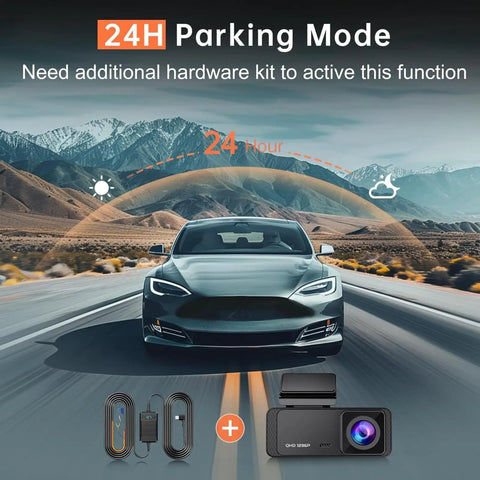 Crystal Clear 1296P Front Dash Cam With WiFi App Night Vision Mini Hidden Car Camera With Loop Recording 24 Hour Parking Mode And 256GB Max Support For Cars, shown with car on road and landscape backdrop.