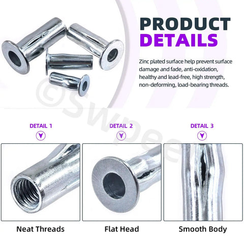 Close-up of Twenty Piece M4 Metric Carbon Steel Rivet Nuts Kit With White Zinc Plating, showing threads and flat head design.