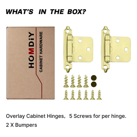 Brushed Brass Cabinet Hinges Self Closing Half Inch Overlay Gold Face Mount, 25 Pairs 50 Units packaging with screws and bumpers