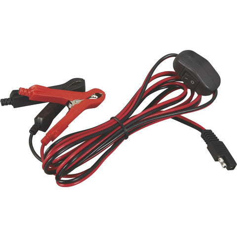 Red and black power cables with clamps for ATV Boomless Broadcast And Spot Sprayer With 16 Gallon Tank 2.2 GPM On Demand 70 PSI 12V Power