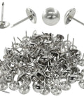 Premium Silver Upholstery Tacks 100 Piece Set 7/16 Inch Round Head Decorative Nails for Furniture Repair, shown in a heap.