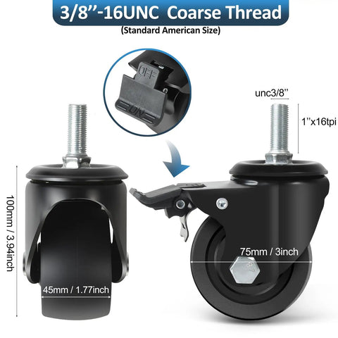 Three Inch Steel Caster Wheels Threaded Stem Heavy Duty Swivel Castors Set Of Four Built Like A Tank, close-up view of threaded stem and brake.