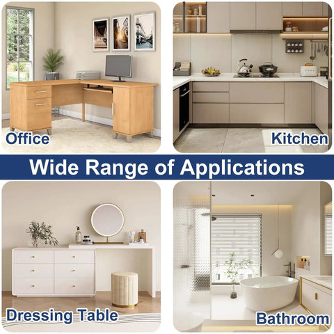 Drawer Outlet Kit With USB C USB A Ports And Three AC Outlets 5 Ft Power Cord With Spring Cable shown in office, kitchen, dressing table, and bathroom.