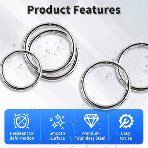 Two Pack 40 Mm Inner Diameter Stainless Steel O Rings With 5 Mm Wire Thickness Premium 304 Stainless Steel Unplated And Coating Free Built Tough Rust Proof O Ring Gaskets For Industrial Plumbing And DIY Projects displayed on wet surface with product features like resistance, smooth surface, and premium material
