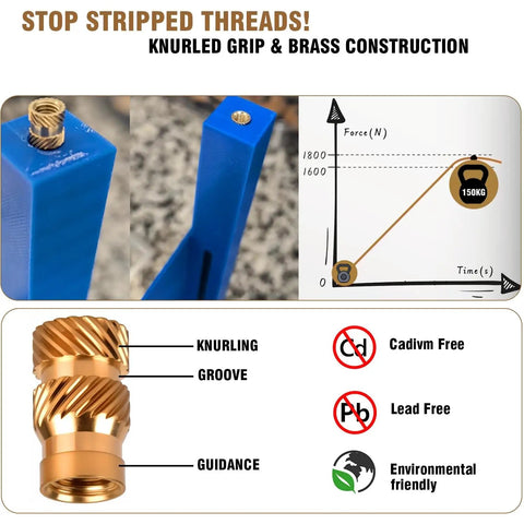 Heavy-Duty 520Pcs Heat-Set Threaded Inserts Kit showing brass knurled nuts and installation in 3D printed parts