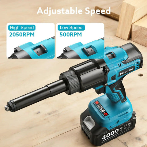 Adjustable speed 3 In 1 Cordless Rivet Nut Drill Gun for Nutsert Riveting and Drilling on wooden table