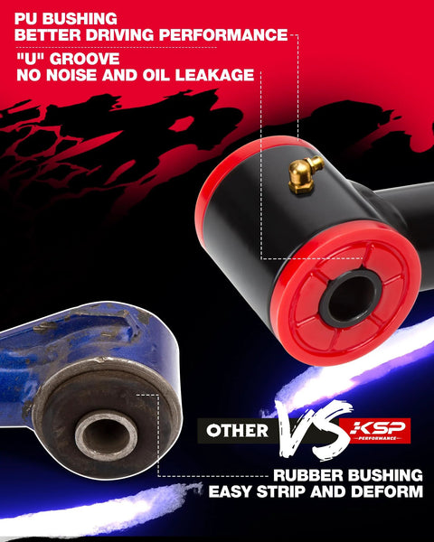 PU bushing comparison for upper control arm, highlighting performance features for Sierra and Silverado 1500 6-lug lift kit.