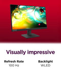 Front view of Crisp 21.5 Inch FHD IPS Office Monitor with 100Hz refresh and WLED backlight on red background with text.